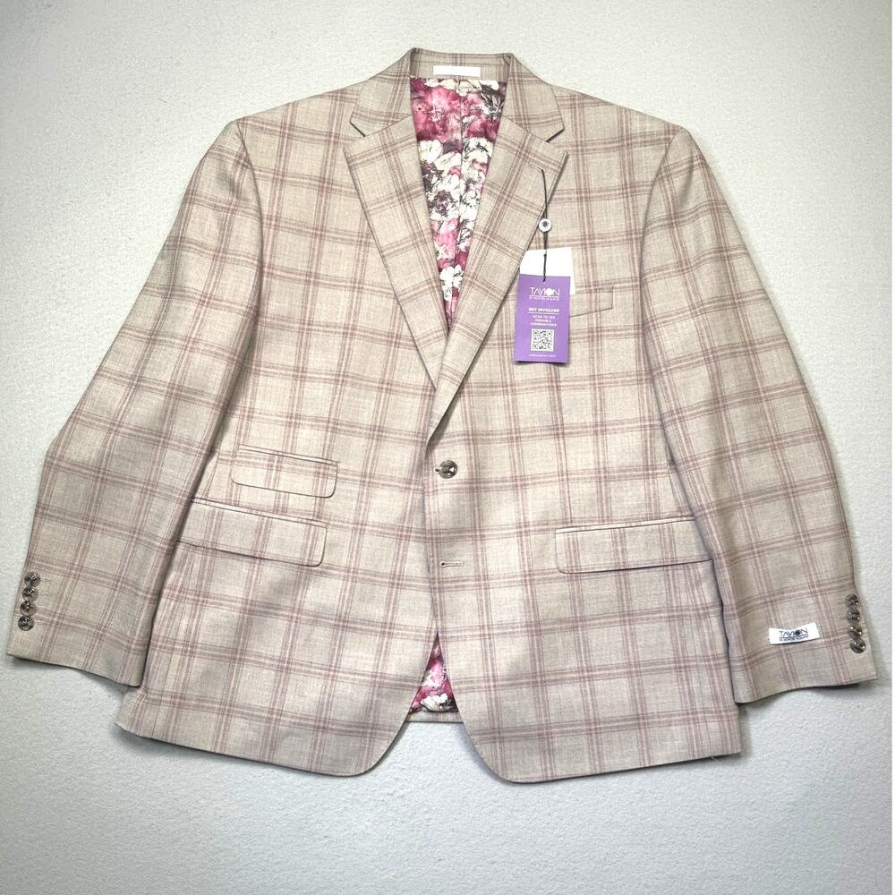 Tayion Collection Mens Regular-Fit Suit Jacket windowpane Tan/pink 44S $360